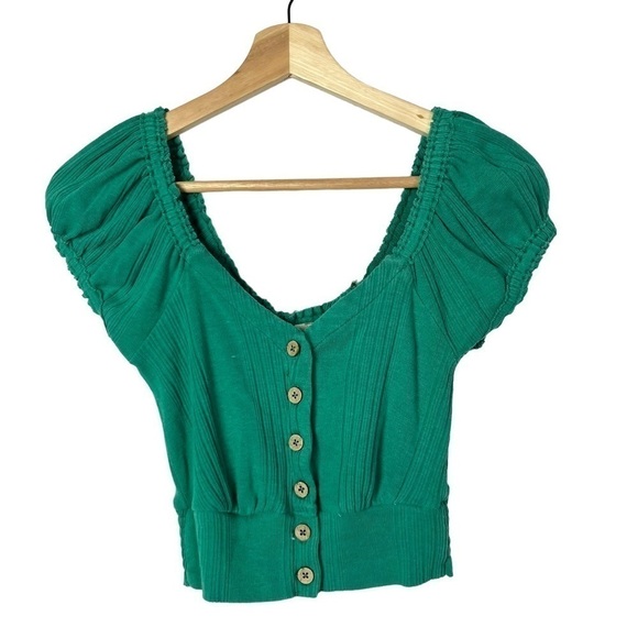 Free People We the Free Brighter Days Green Button Front Short Sleeve Crop Top - Picture 2 of 5